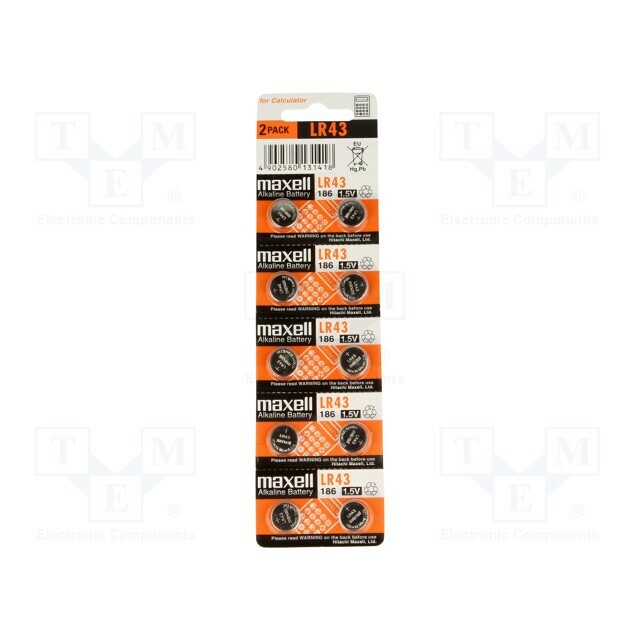 Battery: alkaline; coin; LR43,R1142; 1