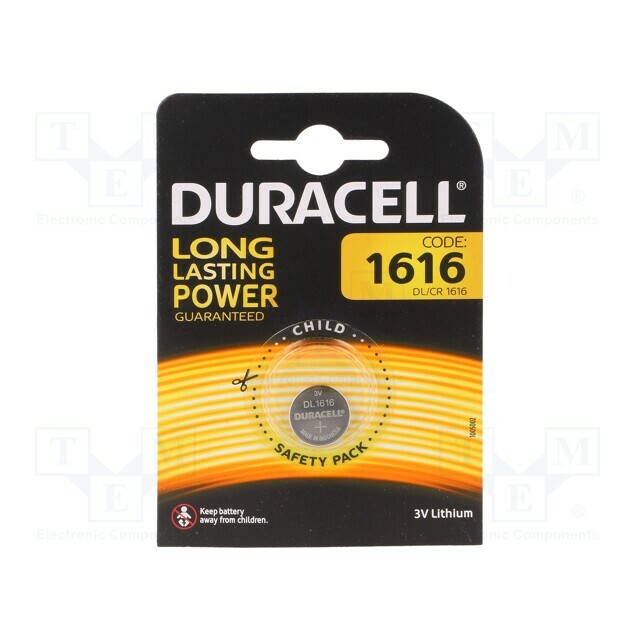DURACELL Battery: lithium; coin; CR1616; 3V