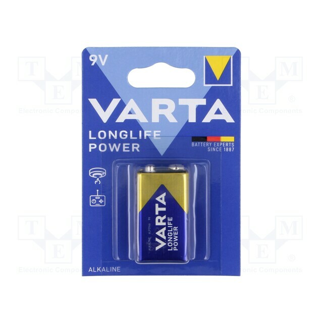 Battery: alkaline; 6F22; 9V; non-rechargeable; 1pcs