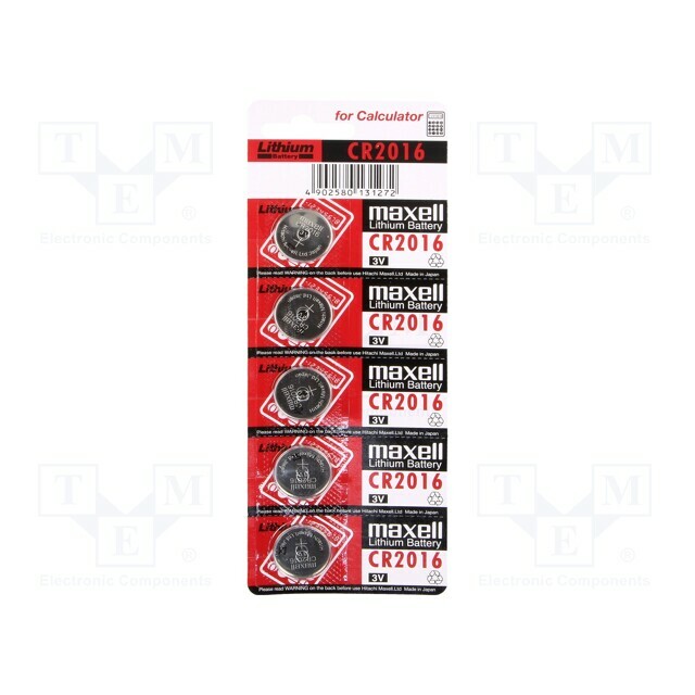 Battery: lithium; coin; CR2016; 3V; non-rechargeable