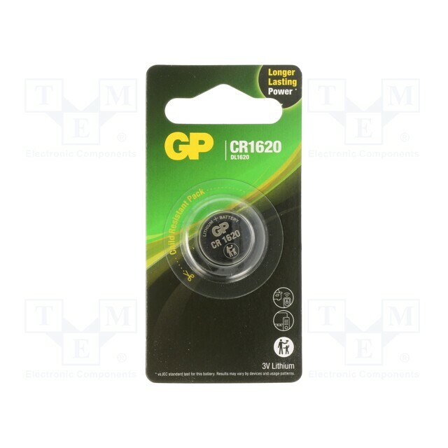 Battery: lithium; coin; CR1620; 3V; 78mAh