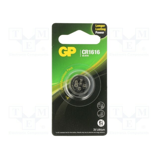 Battery: lithium; coin; CR1616; 3V; 55mAh