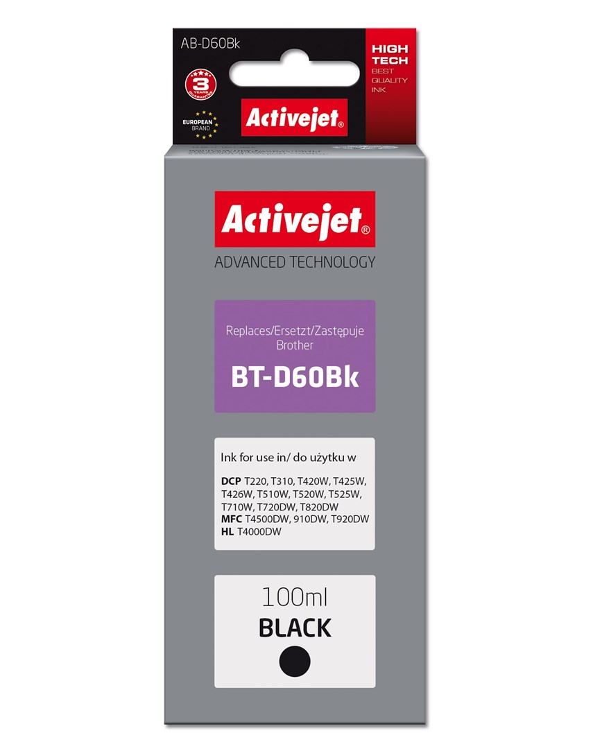 Activejet AB-D60Bk Ink Bottle (Replacement, Brother