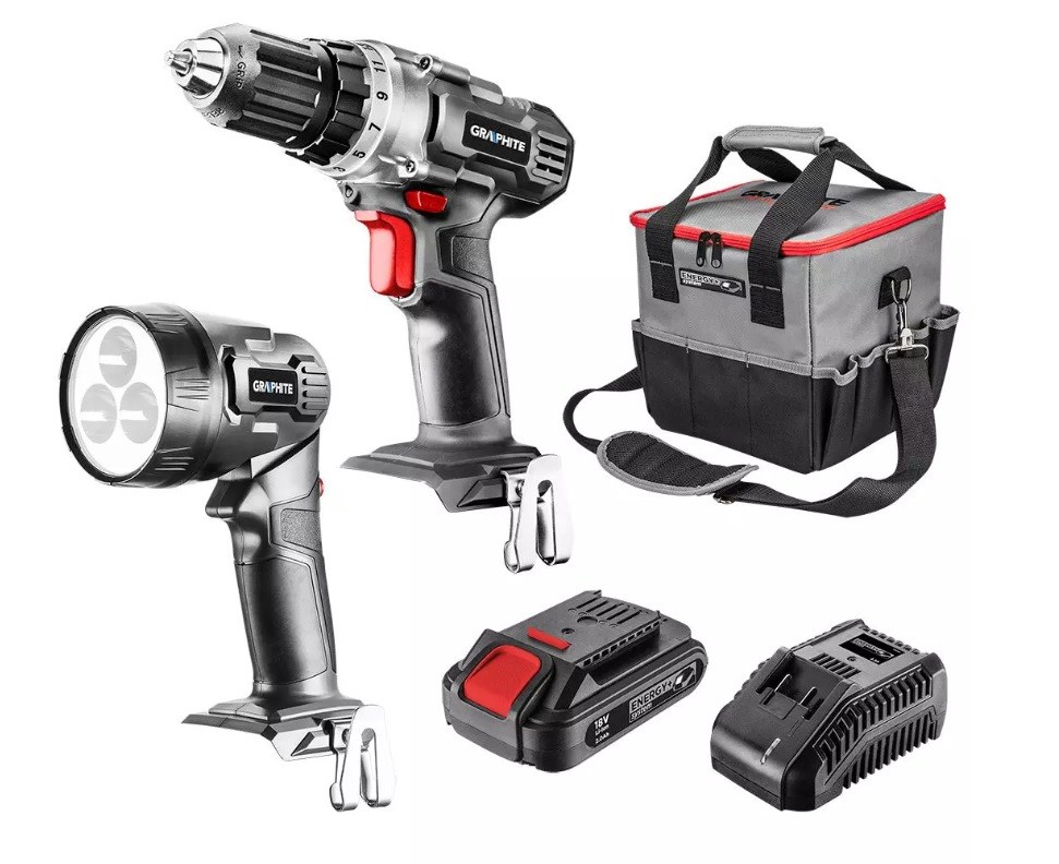 Graphite cordless tool set drill/driver, flashlight