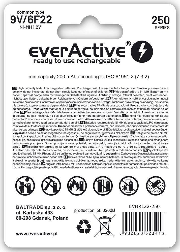 Rechargeable batteries everActive Ni-MH 6F22 9V
