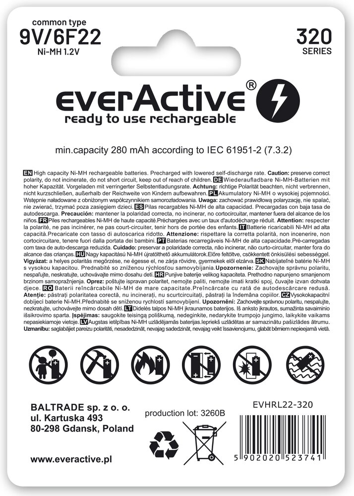Rechargeable batteries everActive Ni-MH 6F22 9V