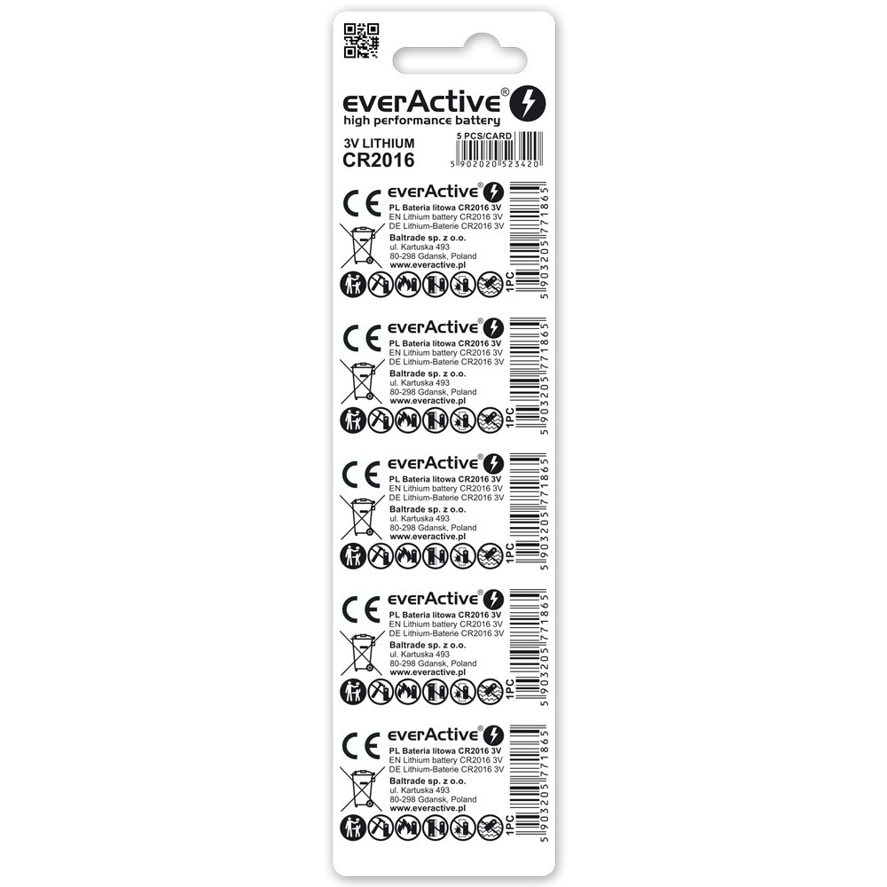 EverActive CR2016-5BB Blistera iepakojumā 5gb. |