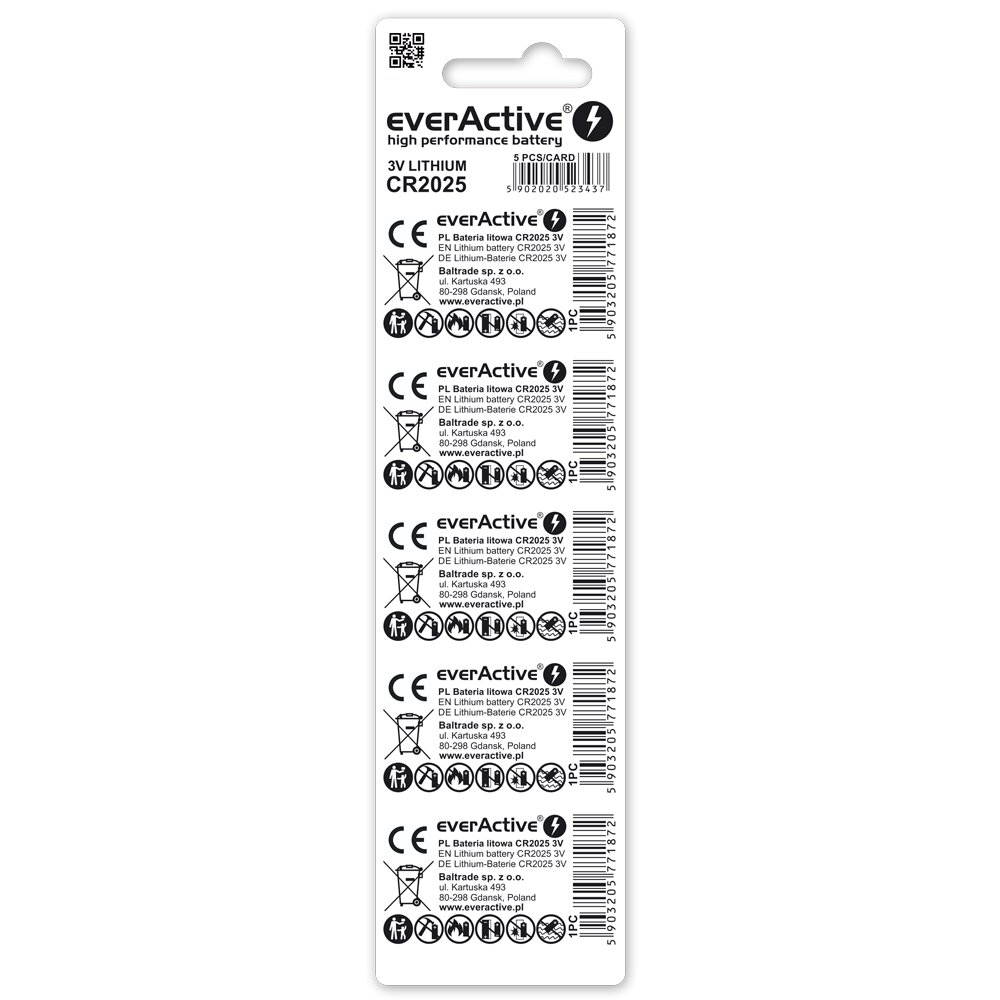 CR2025 baterijas 3V everActive litija -