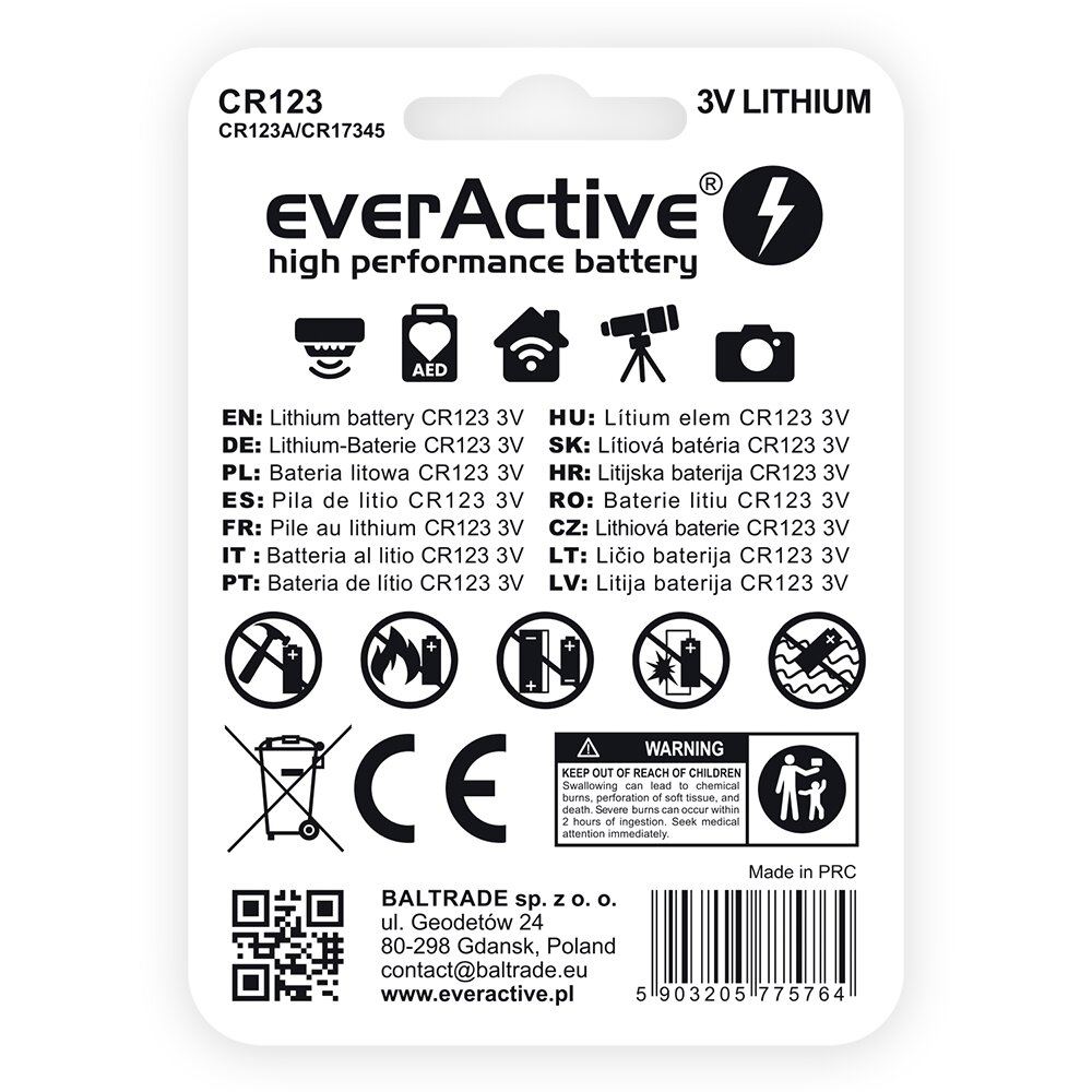 CR123 baterijas 3V everActive 1500mAh litija