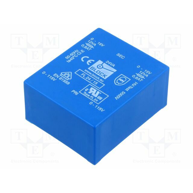 BLOCK Transformer: encapsulated; 24VA; 115VACx2; 15V
