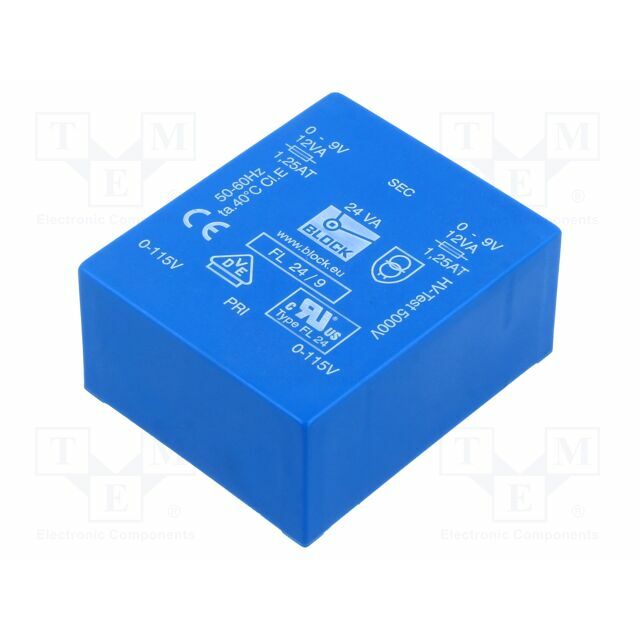 BLOCK Transformer: encapsulated; 24VA; 115VACx2; 9V