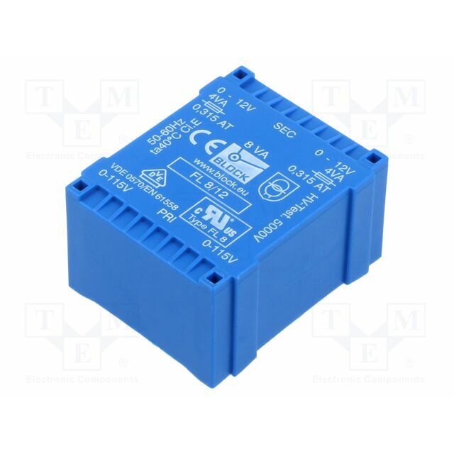 BLOCK Transformer: encapsulated; 8VA; 115VACx2; 12V