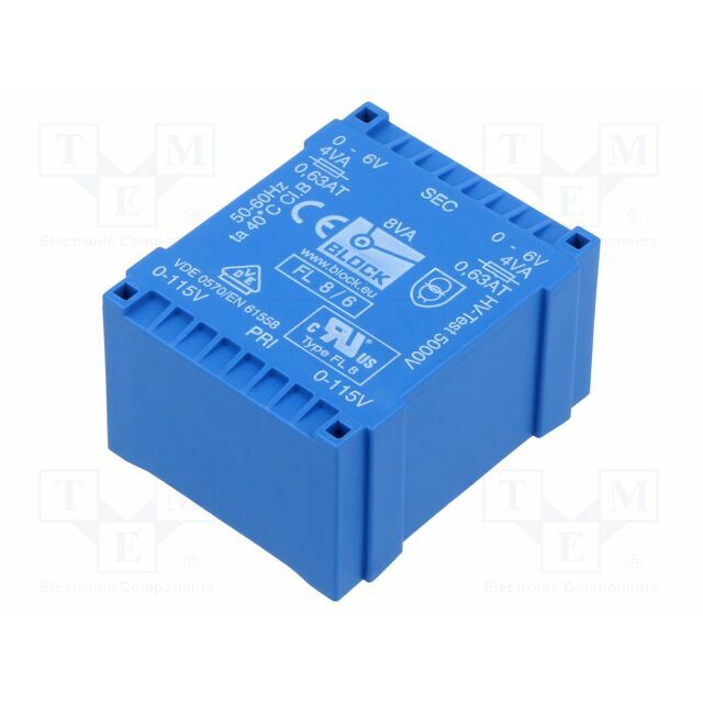 BLOCK Transformer: encapsulated; 8VA; 115VACx2; 6V