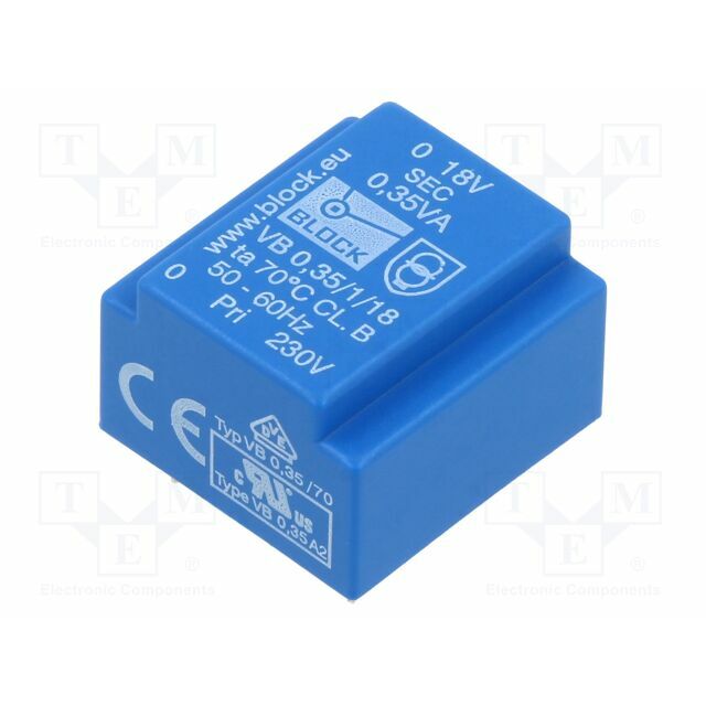 BLOCK Transformer: encapsulated; 350mVA; 230VAC; 18V