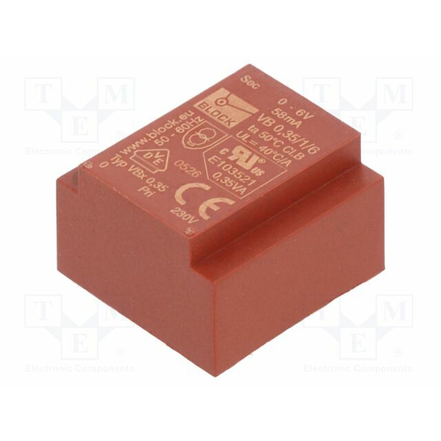 BLOCK Transformer: encapsulated; 350mVA; 230VAC; 6V