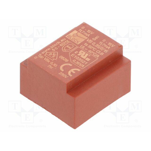 BLOCK Transformer: encapsulated; 350mVA; 230VAC; 15V