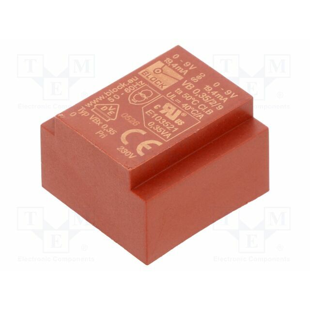 BLOCK Transformer: encapsulated; 350mVA; 230VAC; 9V