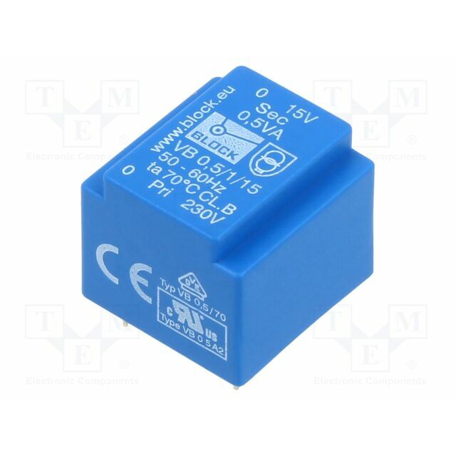 BLOCK Transformer: encapsulated; 500mVA; 230VAC; 15V
