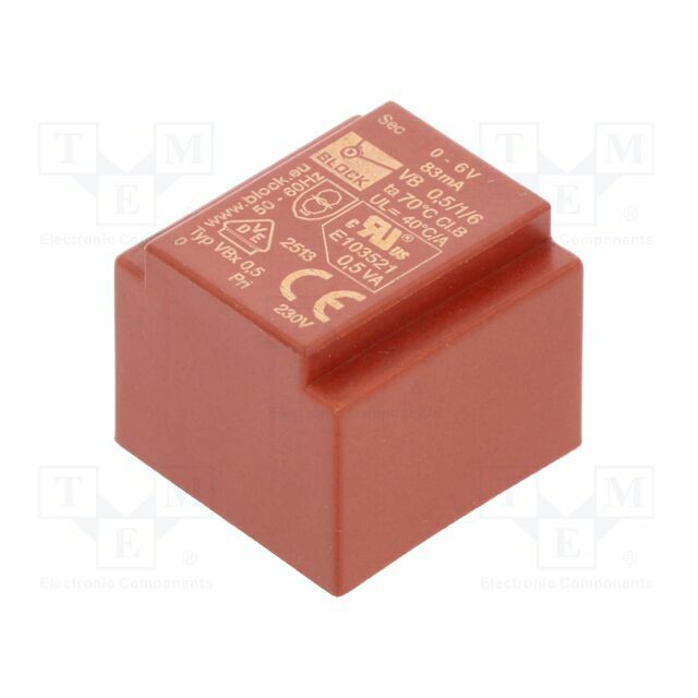 BLOCK Transformer: encapsulated; 500mVA; 230VAC; 6V