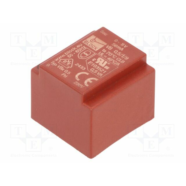 BLOCK Transformer: encapsulated; 500mVA; 230VAC; 9V