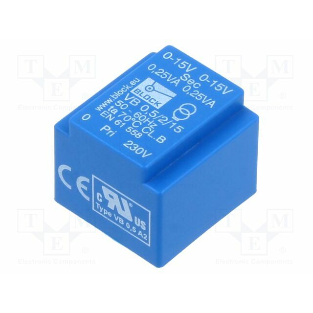 BLOCK Transformer: encapsulated; 500mVA; 230VAC; 15V