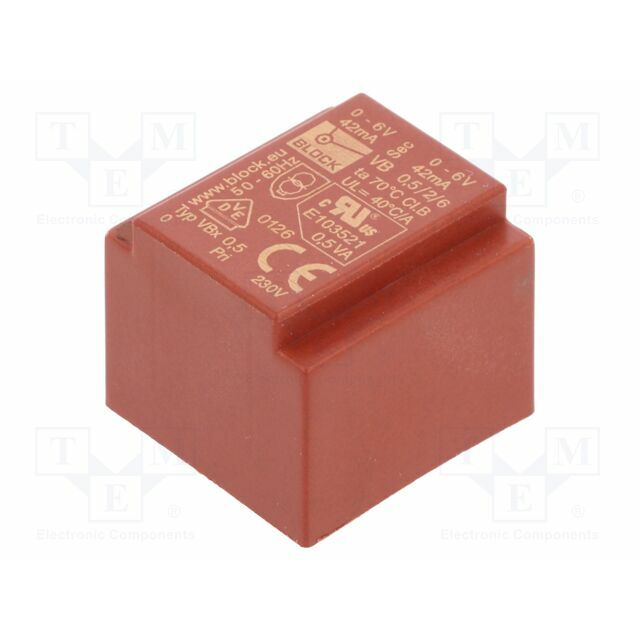 BLOCK Transformer: encapsulated; 500mVA; 230VAC; 6V