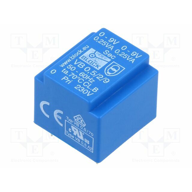 BLOCK Transformer: encapsulated; 500mVA; 230VAC; 9V