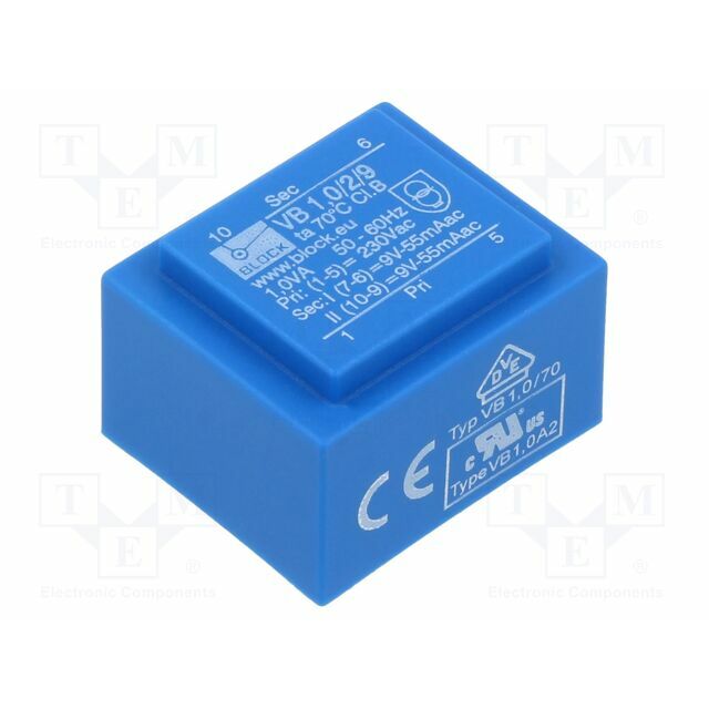 BLOCK Transformer: encapsulated; 1VA; 230VAC; 9V