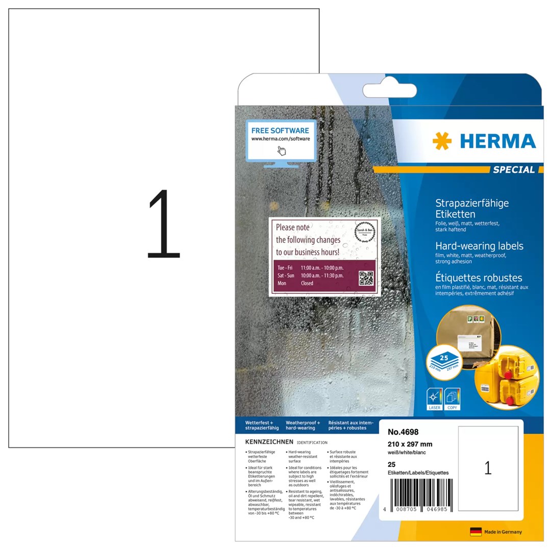 Herma A4 matētas baltas plēves etiķetes