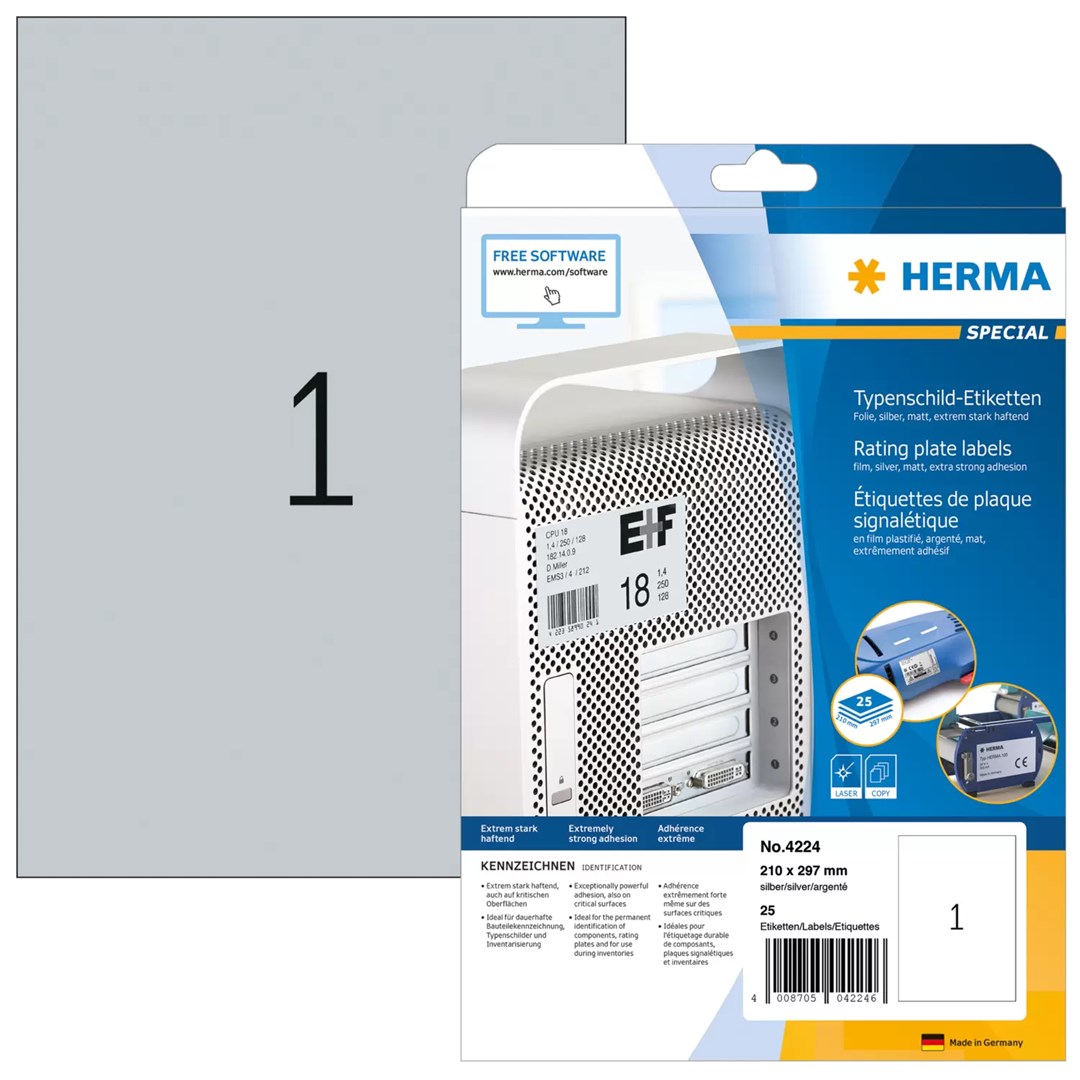 HERMA etiķešu plāksnītes A4 sudraba 210x297
