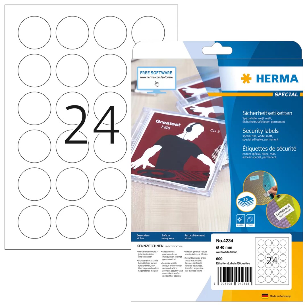 HERMA drošības etiķetes white 40 mm