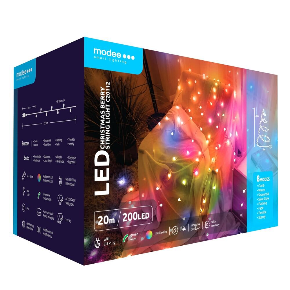 Modee lodveida lampiņas 20m 200LED daudzkrāsainas