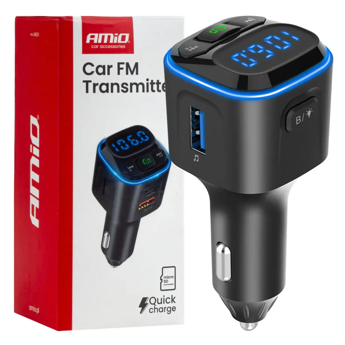 Car FM Transmitter 1×USB-A 2×USB-C 12V