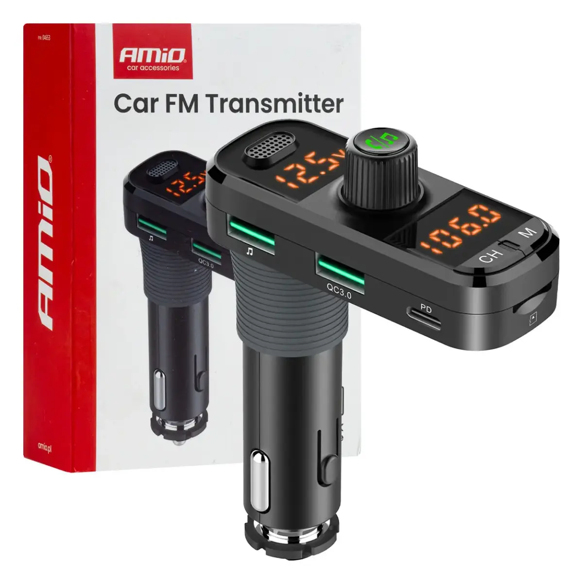 Car FM Transmitter 2×USB-A 1×USB-C mircoSD
