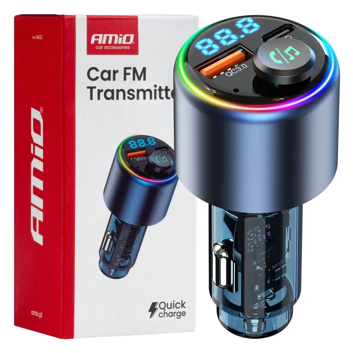 Car FM Transmitter 1×USB-A 1×USB-C 12V