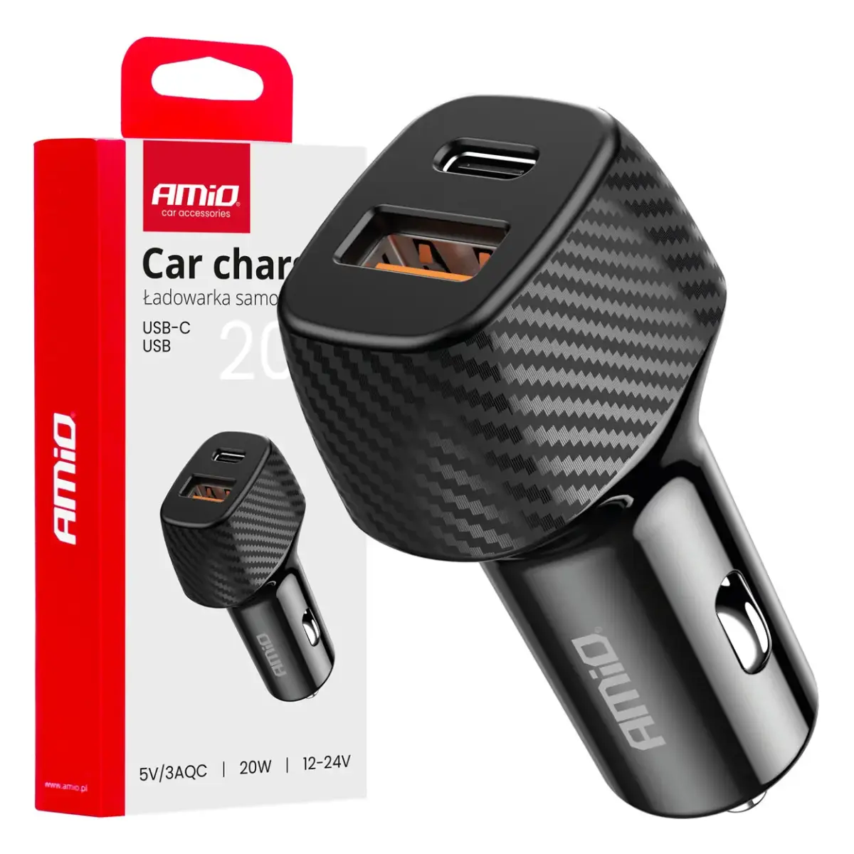 AMIO Automašīnas lādētājs USB-A + USB-C