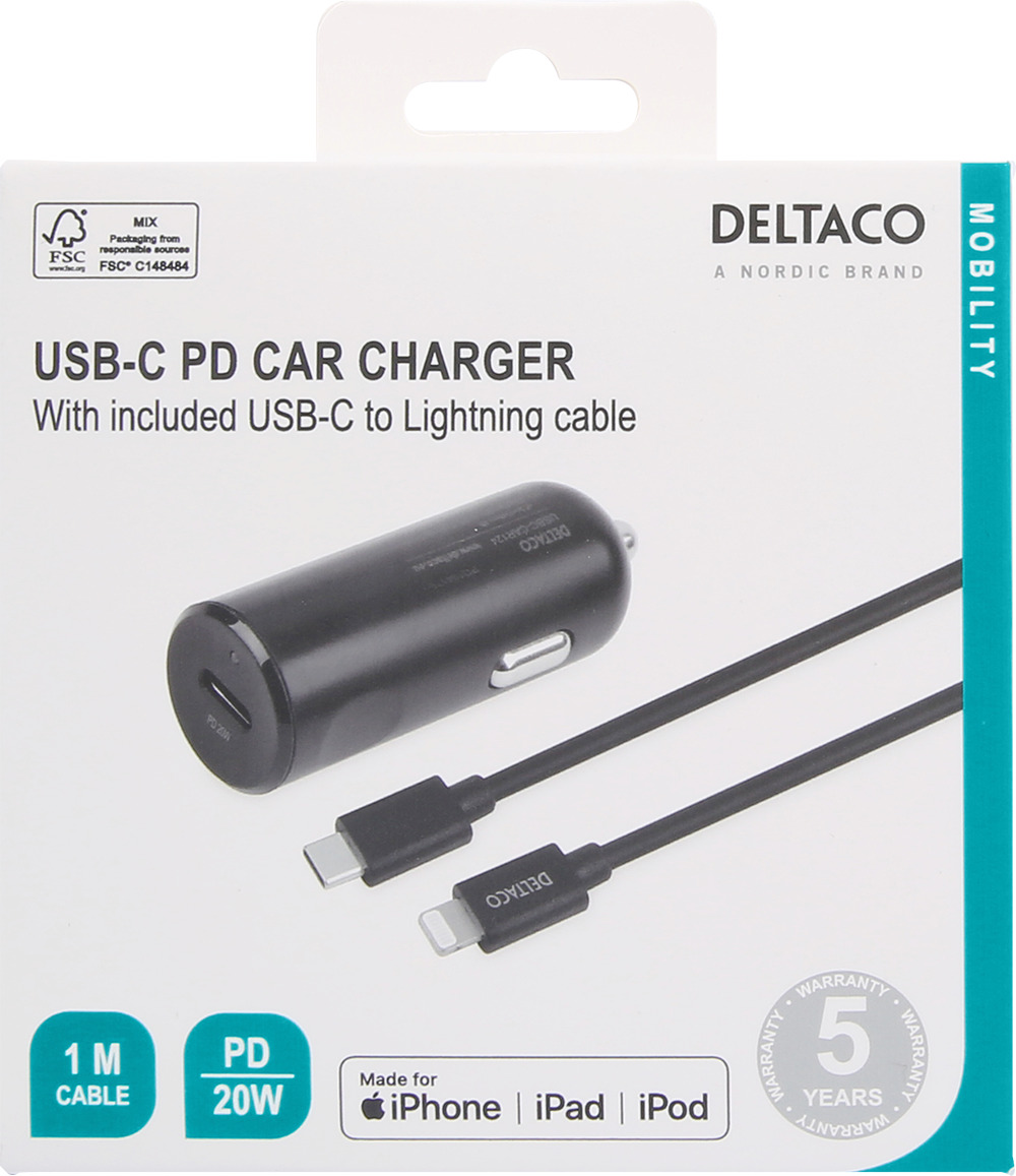 DELTACO USB auto lādētājs, 1x USB-C