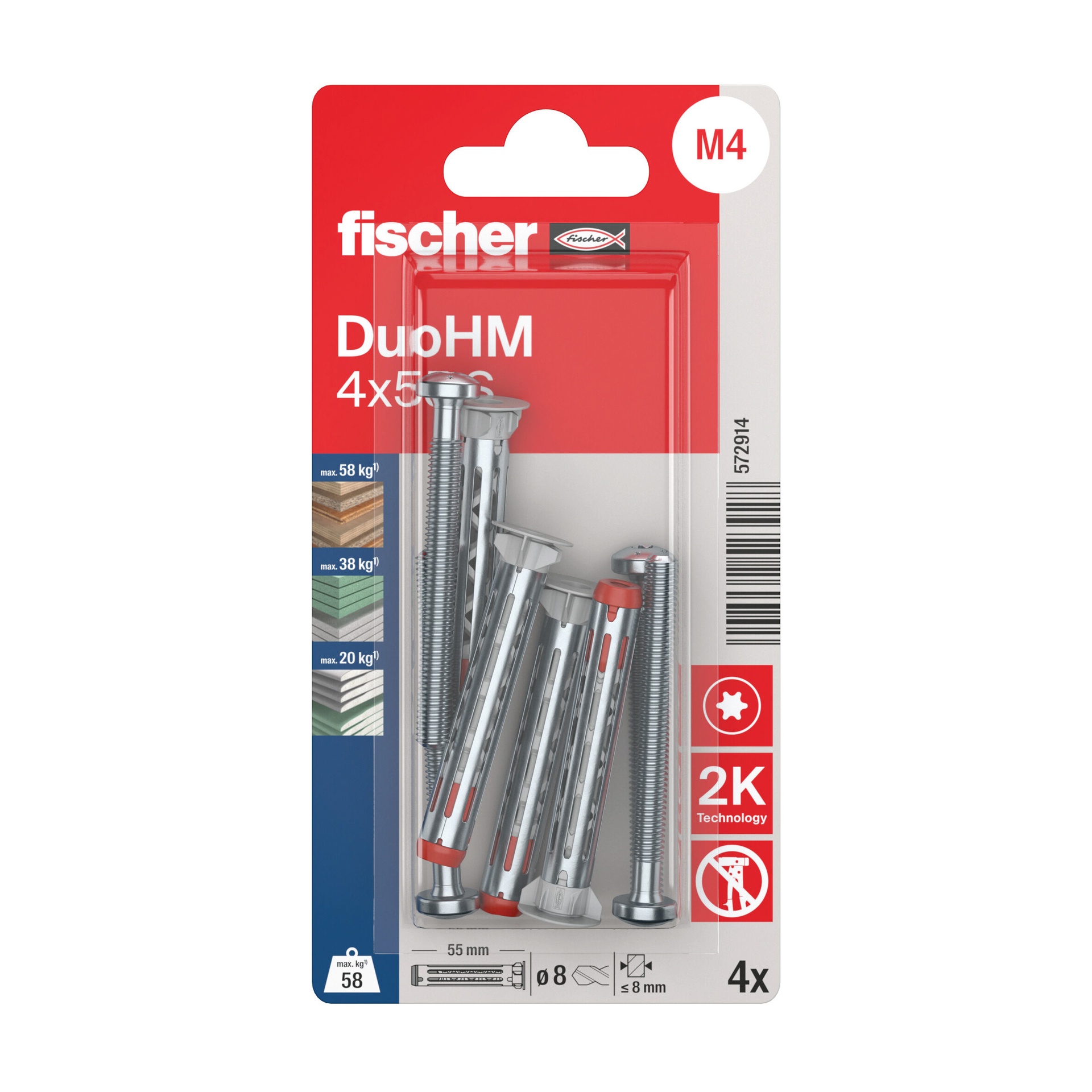 Dobās sienas dībelis DuoHM 4x55 S