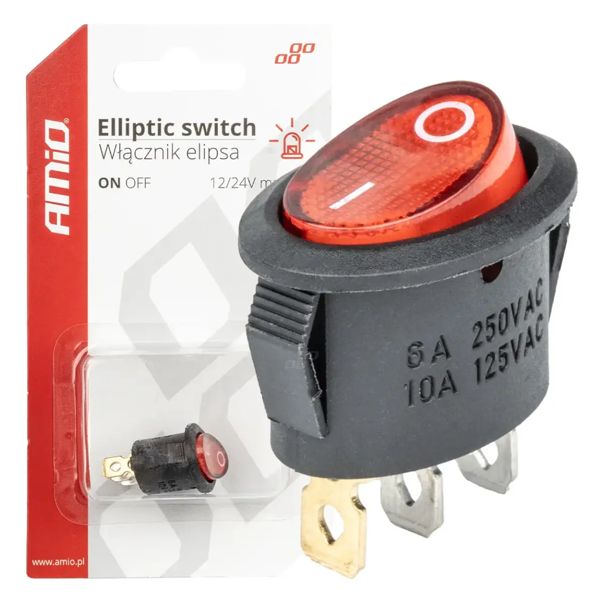 AMIO Elipsveida slēdzis 12V/230V (ar sarkanu
