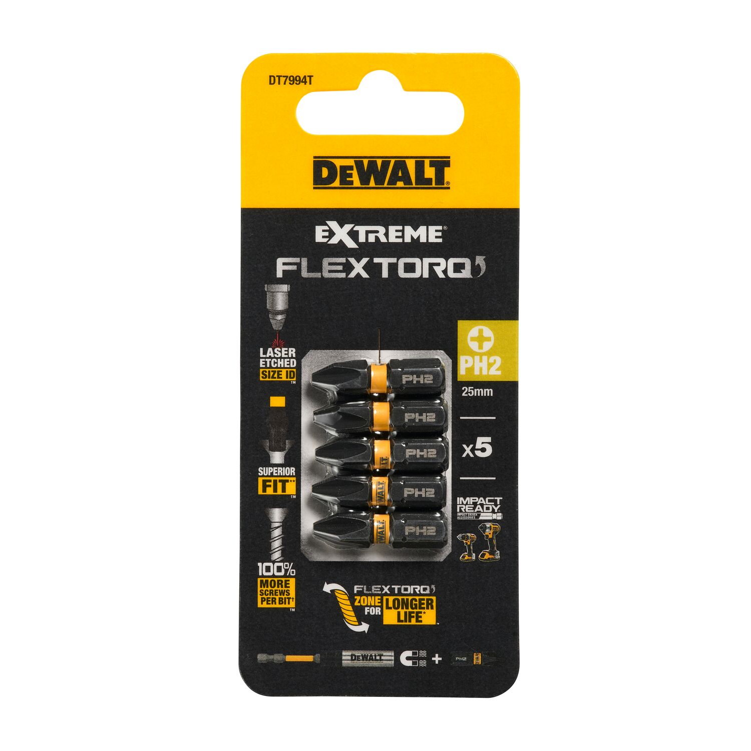 FLEXTORQ skrūvgriežu uzgaļi PH2, 25mm, DeWALT