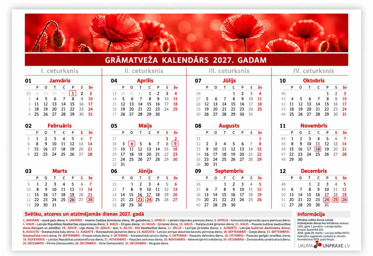 Galda kalendārs A4, 2027. gadam |