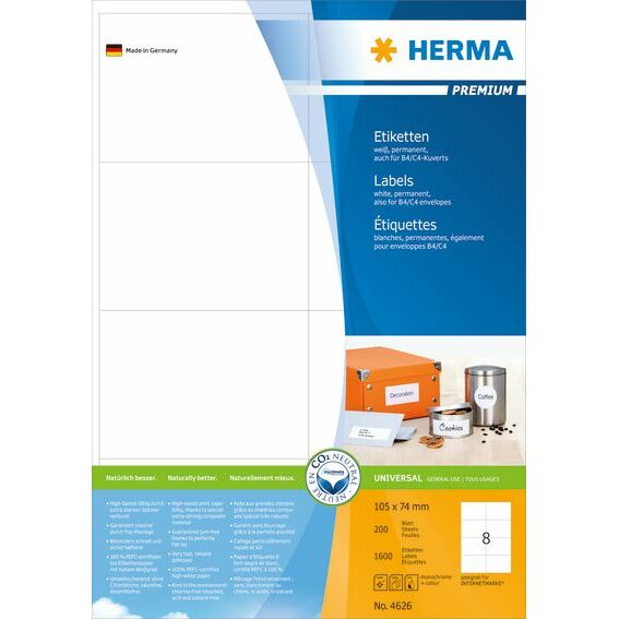 HERMA Premium etiķetes A4 balts 105x74