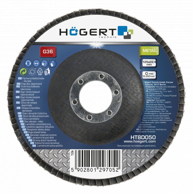 Hogert lapiņu slīpdisks HT8D050, 125mm, 22