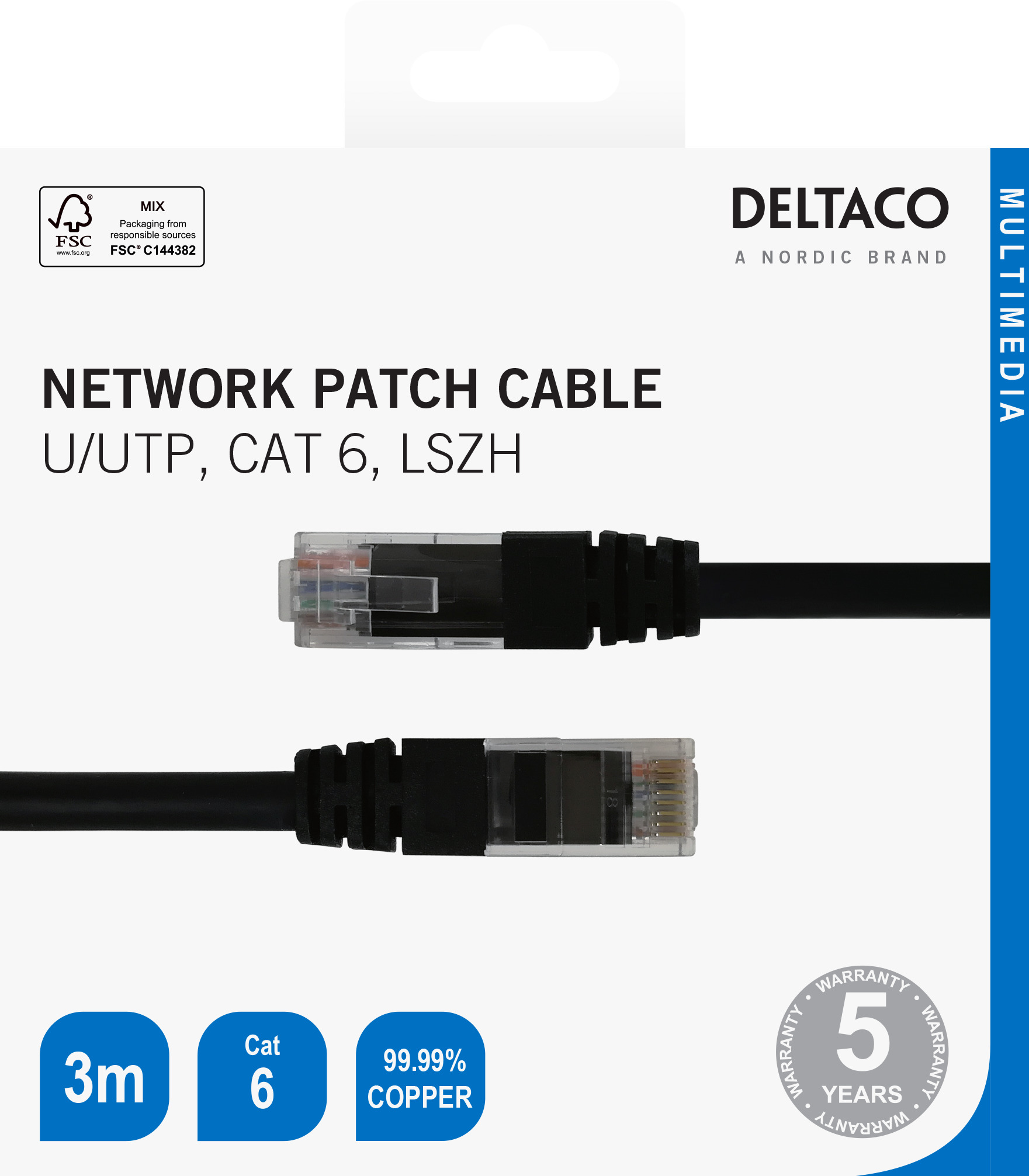 Network cable DELTACO U/UTP Cat6, 3m