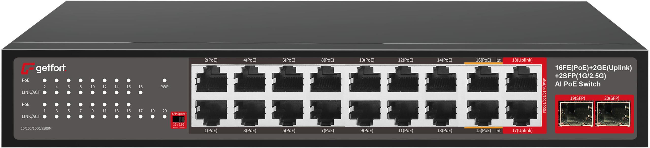 POE slēdzis GETFORT 16FE+2GE+2SFP 240W |