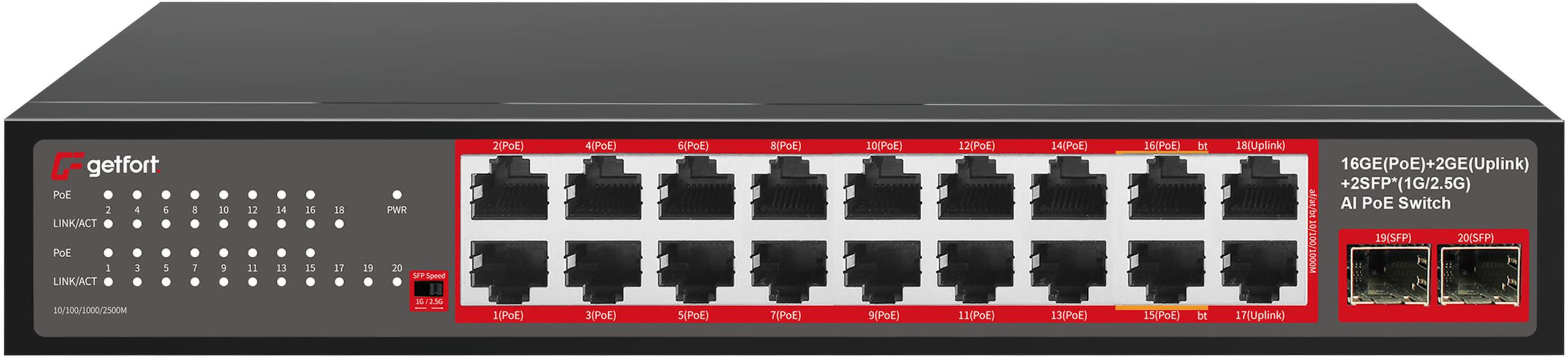 POE slēdzis GETFORT 16GE+2GE+2SFP 240W |