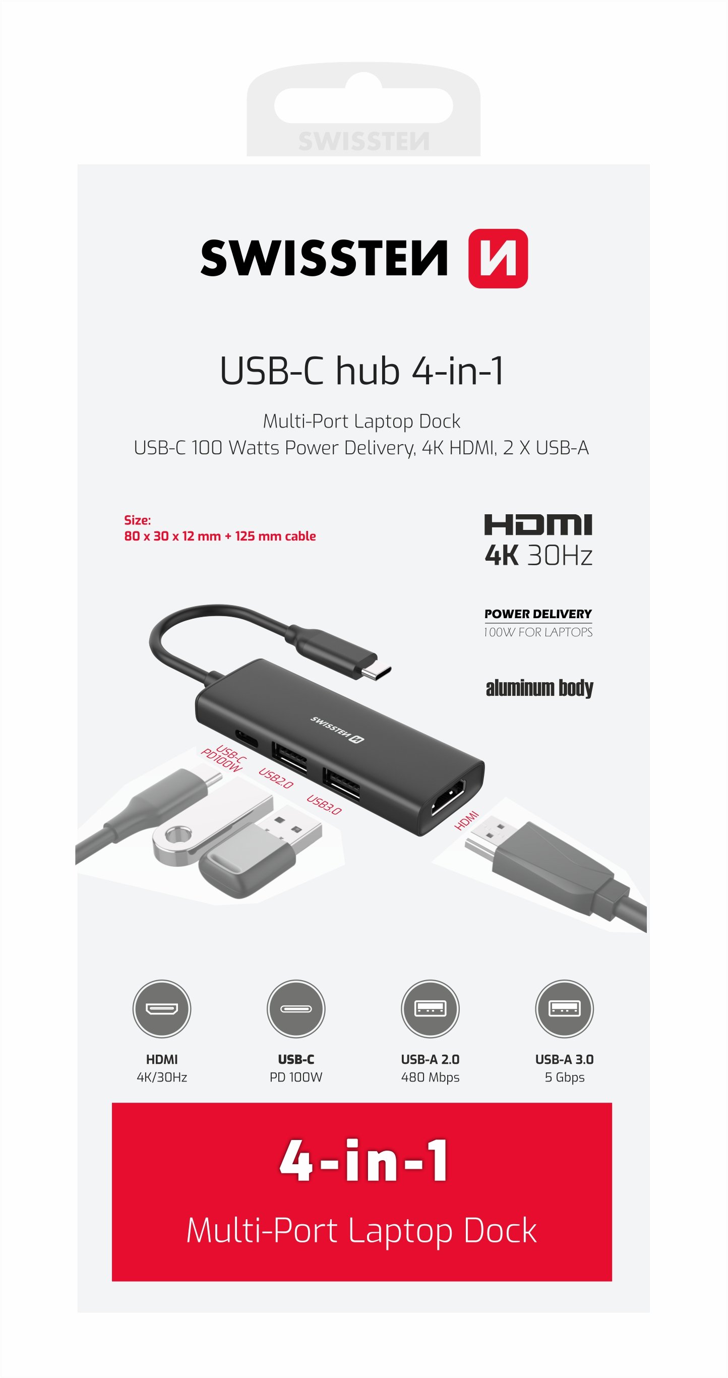 Swissten 4in1 USB-C Hub Daudzportu klēpjdatora