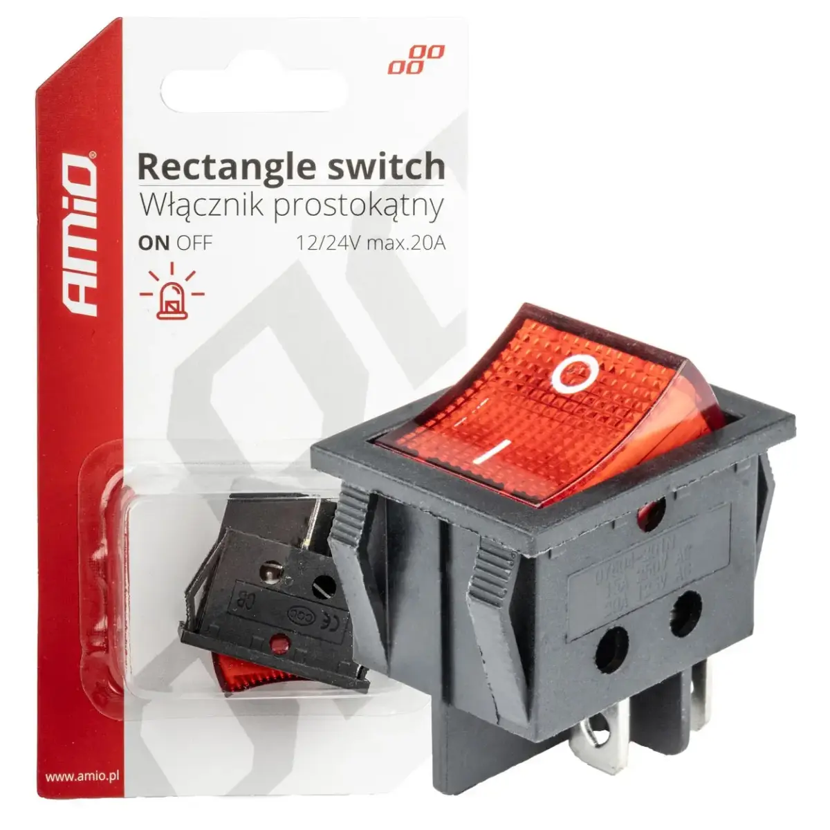 AMIO Taisnstūra slēdzis 12V/230V (ar sarkanu