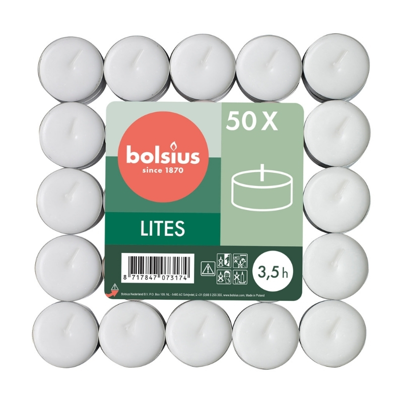BOLSIUS Tējas sveces 50gab. baltas |