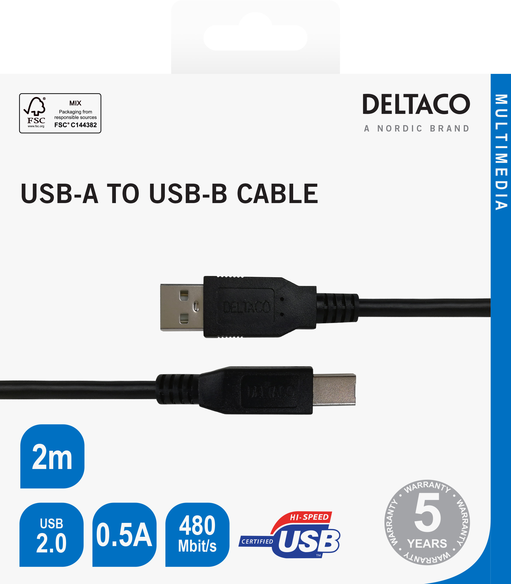 USB-B 2.0 cable DELTACO suitable